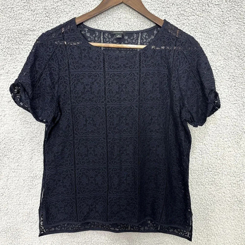 Ann Taylor Top Womens Medium Blue Sheer Floral Crochet Fairy Grunge Goth Office